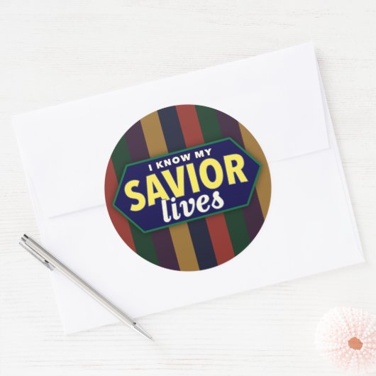 私は私の救い主が生きていることを知っている。LDSストライプのステッカー。 ラウンドシール (封筒)