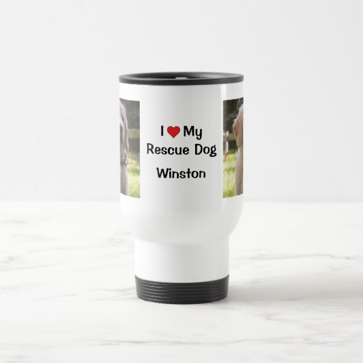 私は私の救助犬が大好き |名前と写真 トラベルマグ (中央)