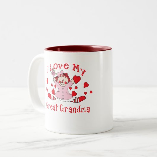 私は私の曾祖母の縫いぐるみ人形及びハートを愛します ツートーンマグカップ (正面左)