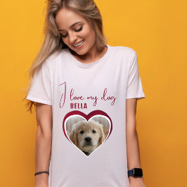 私は私の犬の赤いハート写真ペット名が大好き Tシャツ