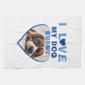 私は私の犬の青いハート写真ペット名が大好き キッチンタオル (横)