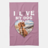 私は私の犬ピンクのハートペット名写真が大好き キッチンタオル (縦)