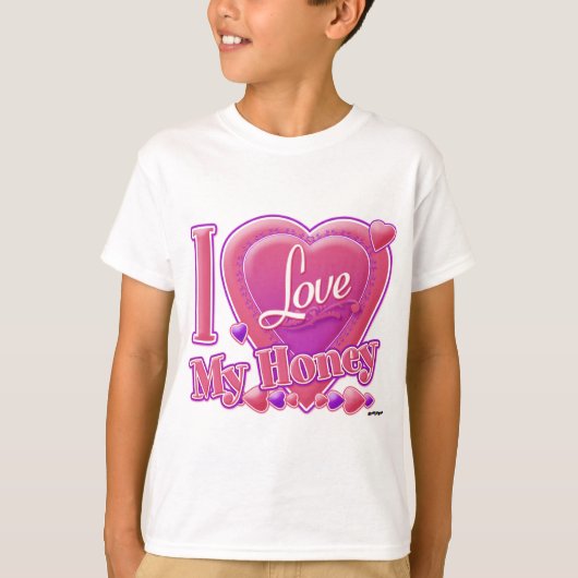 私は私の蜂蜜ピンク/紫が大好き – ハート Tシャツ (正面)