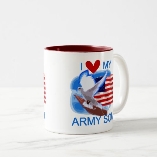 私は私の軍隊の息子のTシャツおよびギフトを愛します ツートーンマグカップ (正面右)
