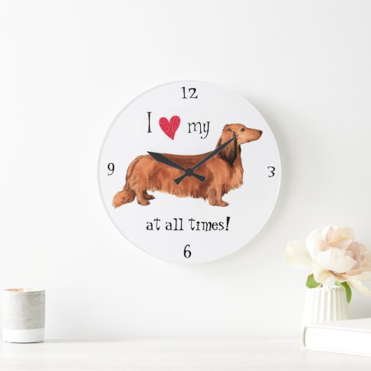 私は私の長い髪のダックスフントを愛します ラージ壁時計 (ホーム)