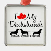 私は私の3つのダシュント犬が大好き メタルオーナメント (正面)