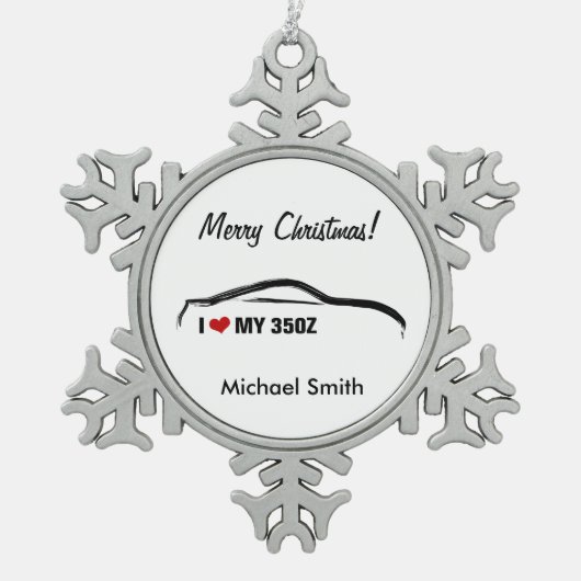 私は私の350Zを愛します スノーフレークピューターオーナメント (正面)