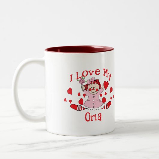 私は私のOmaの縫いぐるみ人形及びハートを愛します ツートーンマグカップ (左)