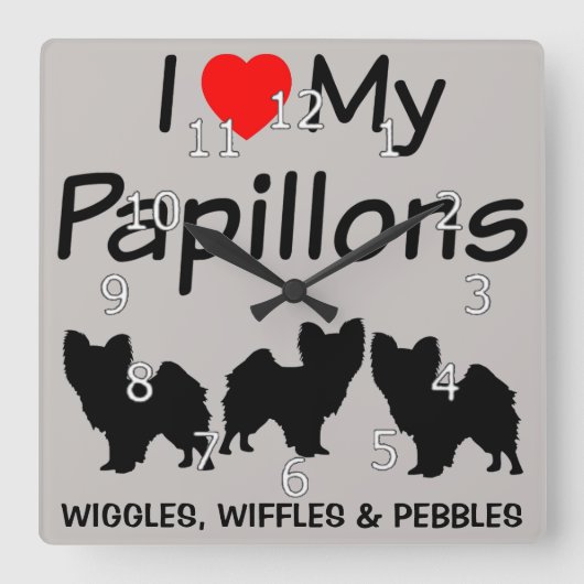 私は私のPapillon 3匹の犬の時計を愛します スクエア壁時計 (正面)
