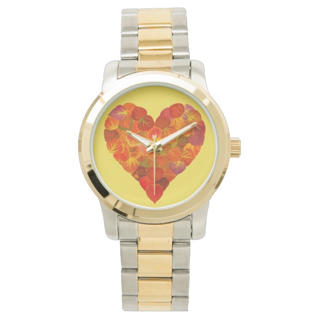 私は秋、微妙な愛 – 赤い《植物》アスペンリーフハート1 腕時計 (正面)