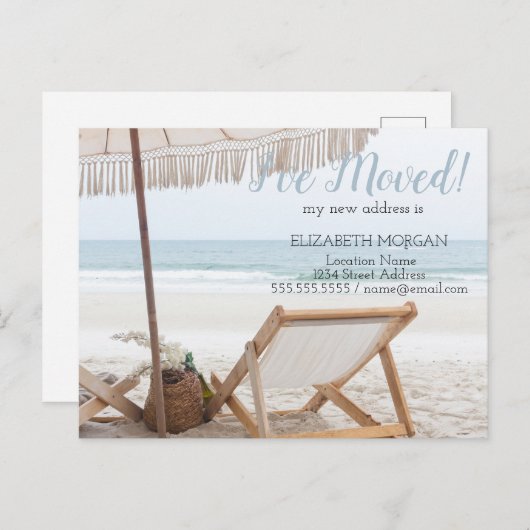 私は移動した，ビーチチェアパラソル新しいアドレス 案内ポストカード (正面/裏面)