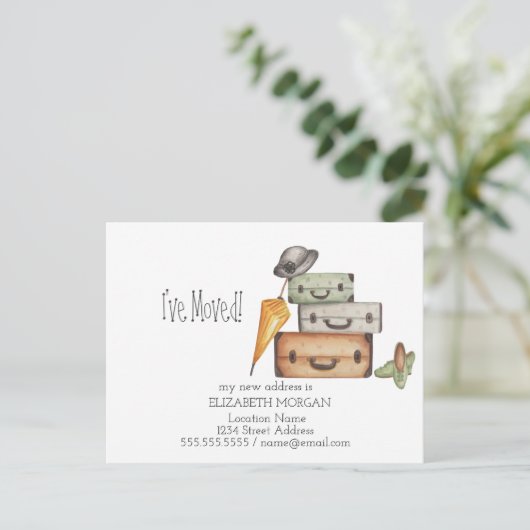 私は移動した、ヴィンテージスーツケース新しいアドレス 案内ポストカード (スタンド正面)