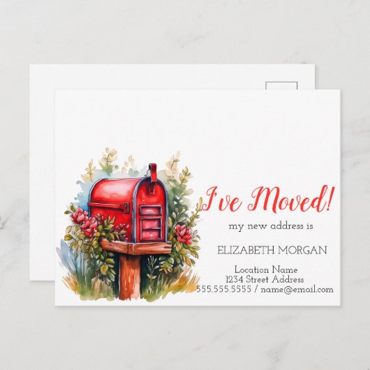 私は移動した、水彩郵便箱の赤い花 案内ポストカード (正面/裏面)