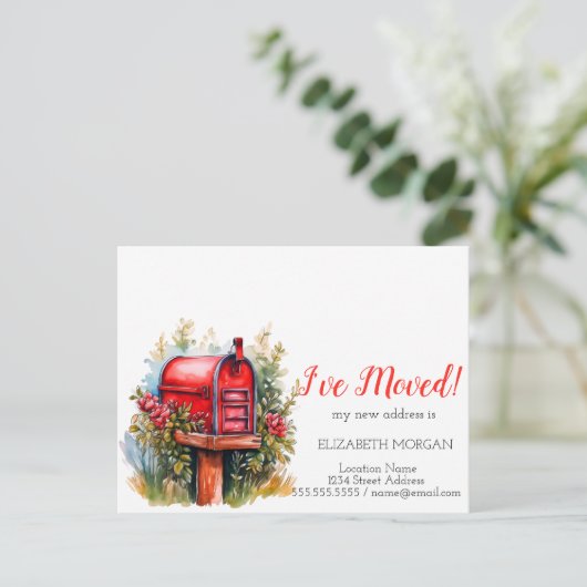 私は移動した、水彩郵便箱の赤い花 案内ポストカード (スタンド正面)