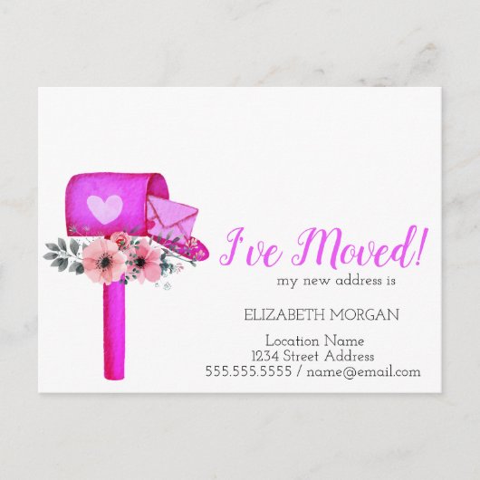 私は移動した、水色のメールボックスハート花 案内ポストカード (正面)