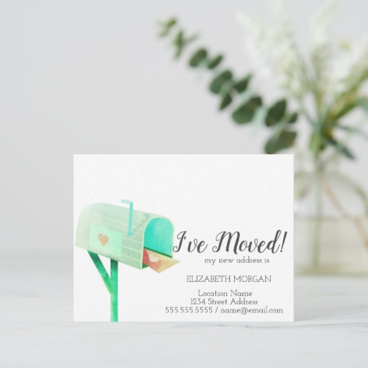 私は移動した、水色の緑のメールボックスの新しいアドレス 案内ポストカード (スタンド正面)