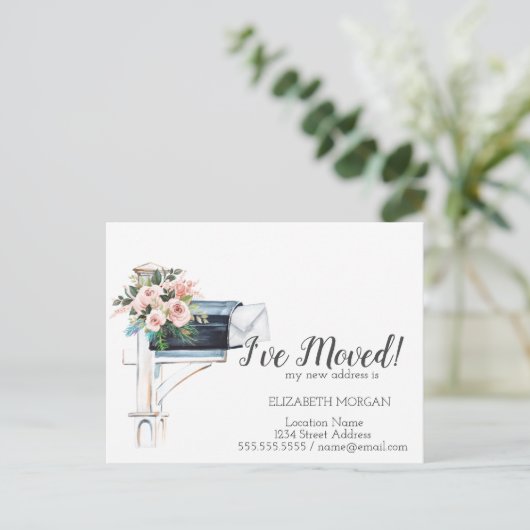 私は移動した、水色の青いメールボックスフローラ 案内ポストカード (スタンド正面)