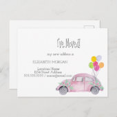 私は移動した、水色ピンクの車、新しいアドレス 案内ポストカード (正面/裏面)