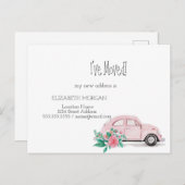 私は移動した、水色ピンクの車、花の新しいアドレス 案内ポストカード (正面/裏面)