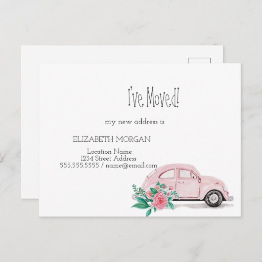 私は移動した、水色ピンクの車、花の新しいアドレス 案内ポストカード (正面/裏面)