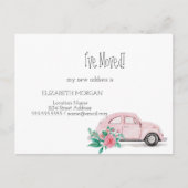 私は移動した、水色ピンクの車、花の新しいアドレス 案内ポストカード (正面)