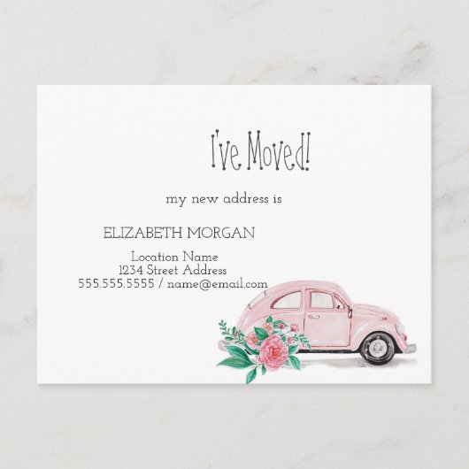 私は移動した、水色ピンクの車、花の新しいアドレス 案内ポストカード (正面)