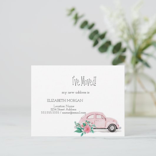 私は移動した、水色ピンクの車、花の新しいアドレス 案内ポストカード (スタンド正面)