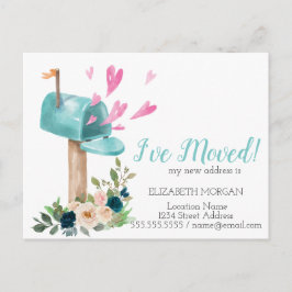 私は移動した、水色メールボックスの花のハート 案内ポストカード