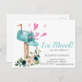 私は移動した、水色メールボックスの花のハート 案内ポストカード (正面/裏面)
