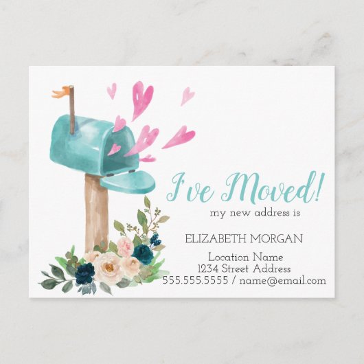 私は移動した、水色メールボックスの花のハート 案内ポストカード (正面)