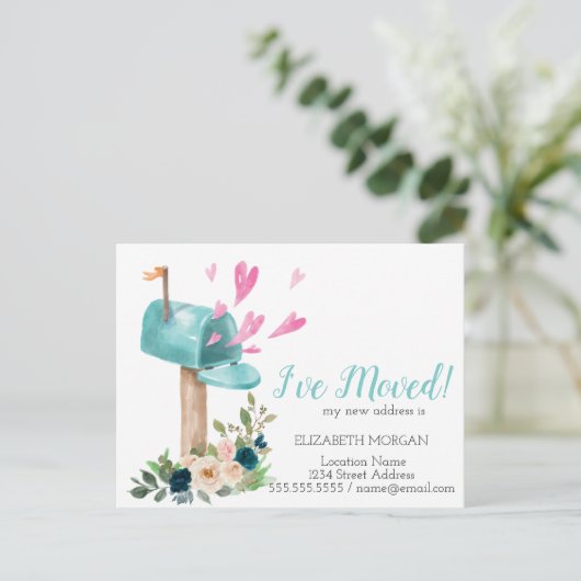 私は移動した、水色メールボックスの花のハート 案内ポストカード (スタンド正面)