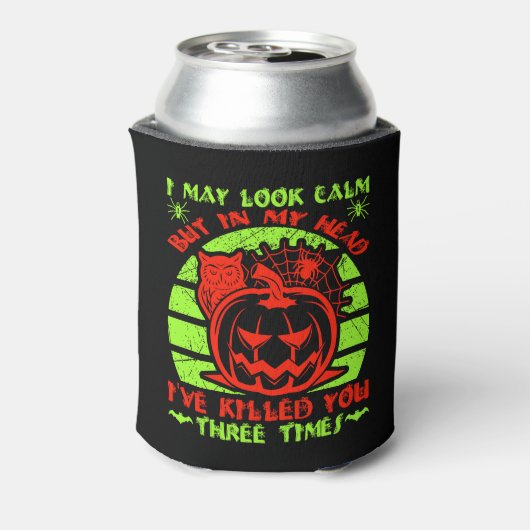 私は穏やかに見えるかもしれないが、ハロウィンスパイダーフクロウのカボチャ 缶クーラー (缶裏面)