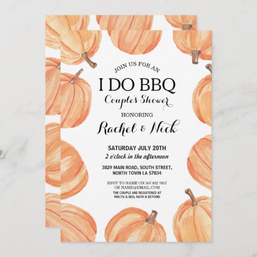 私は素朴なBBQのカップルのシャワーの水彩画のカボチャをします 招待状 (正面/裏面)