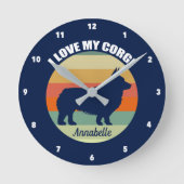 私は自分のコーギかわいサンセットパーソナライズされたドッグが大好き ラウンド壁時計 (正面)