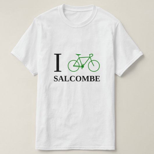 私は自転車に乗りますSALCOMBE (緑の自転車アイコン)を Tシャツ (デザイン正面)