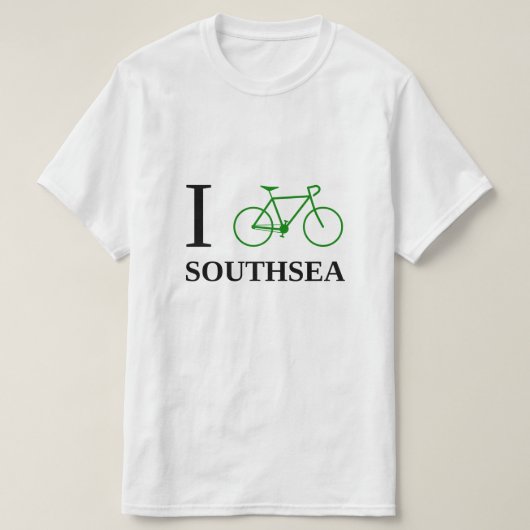 私は自転車に乗りますSOUTHSEA (緑の自転車アイコン)を Tシャツ (デザイン正面)