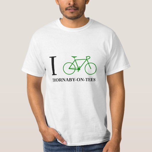 私は自転車に乗りますTHORNABY-ON-TEES (緑の自転車アイコン)を Tシャツ (正面)