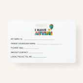 私は自閉症のIDを持鮮やかつパーソナライズされた バッジ (裏面)