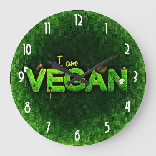 私は草が茂った自然の質と書かれるビーガンです ラージ壁時計 (正面)