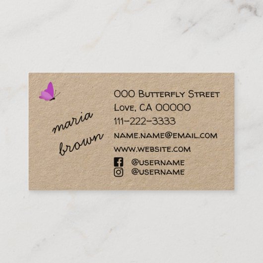 私は蝶が好き – 名前とソーシャルメディアで手作り 名刺 (裏面)