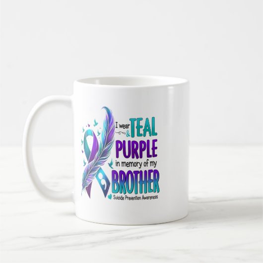 私は衣服ティール(緑がかった色)と紫の私の兄の自殺のために前 コーヒーマグカップ (左)