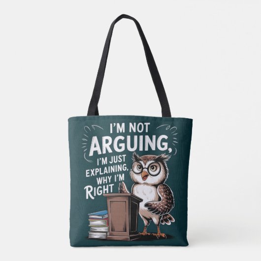 「私は議論をしていない、単に説明している」おもしろいフクロウ漫画 トートバッグ (裏面)