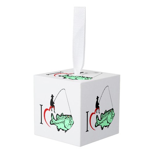 私は赤いハートと魚釣りに行くのが大好き キューブオーナメント (正面アングル)