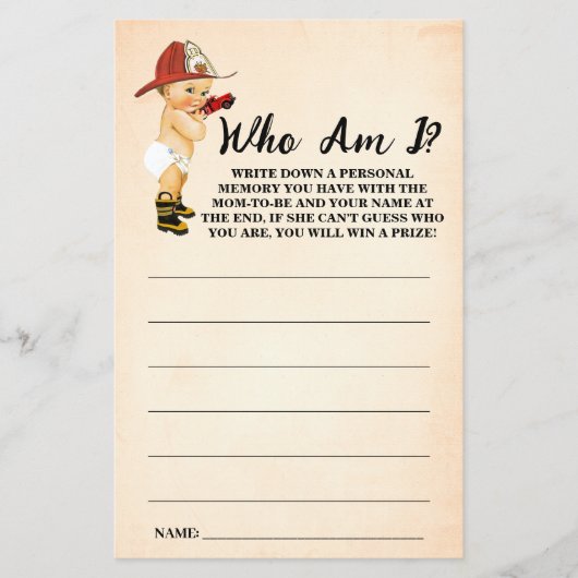 私は赤ちゃんシャワーのゲームカードである小さな消防士 チラシ (正面)