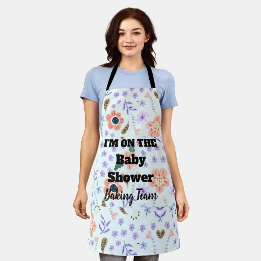私は赤ちゃんシャワーチームの花に乗っている エプロン (着用した状態)