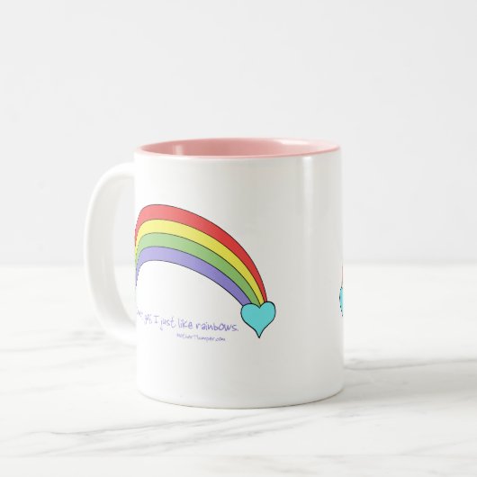 私は陽気、私ちょうど好みます虹をではないです ツートーンマグカップ (正面左)