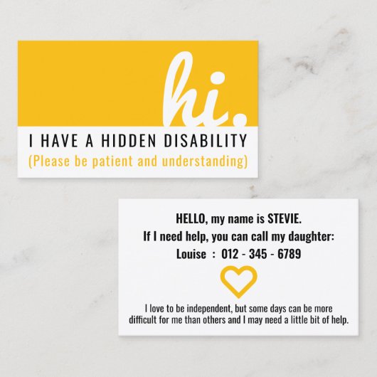 私は隠された障害認識度カードを持っている 名刺 (正面/裏面)