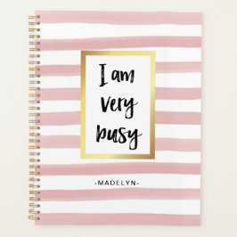 私は非常忙しに |ピンクの水の色ストライプと金ゴールド プランナー手帳