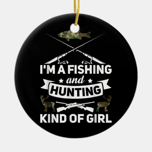 私は魚釣りで狩りの女の子フィッシャ セラミックオーナメント (正面)