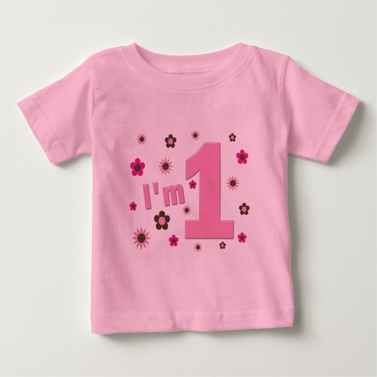 "私は1才ピンクおよびブラウンの花の誕生日です ベビーTシャツ (正面)